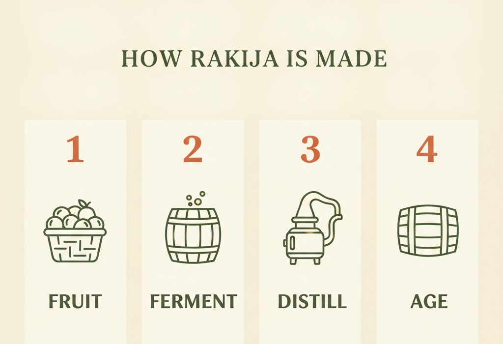 Infographic showing the four steps of making rakija: Fruit, Ferment, Distill, Age