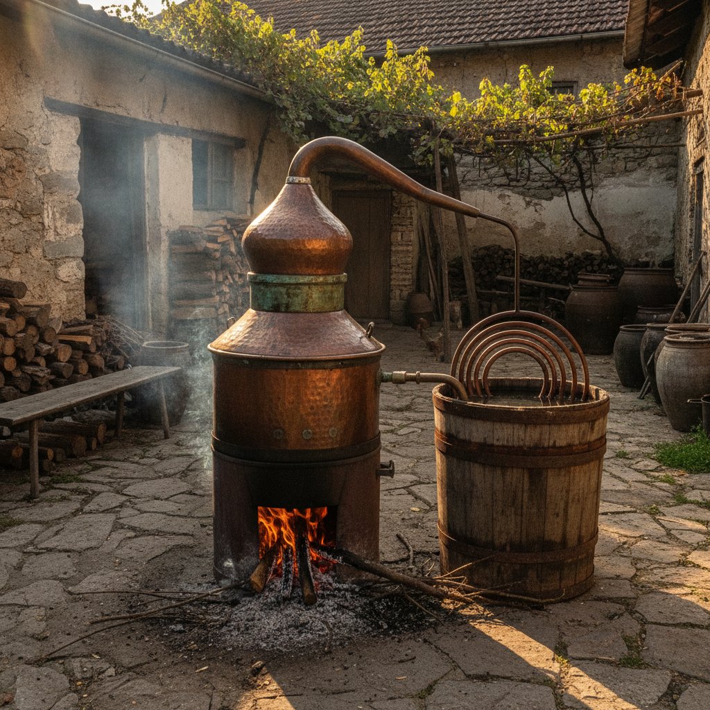 Traditional copper alembic still (kazan) for distilling rakija in a rural Balkan farmyard