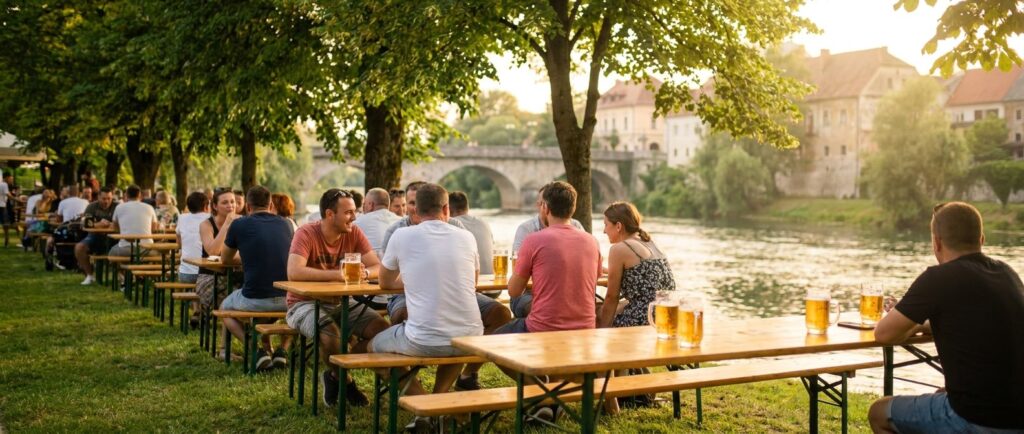 Riverside beer garden on the Korana river in Karlovac with glasses of golden lager