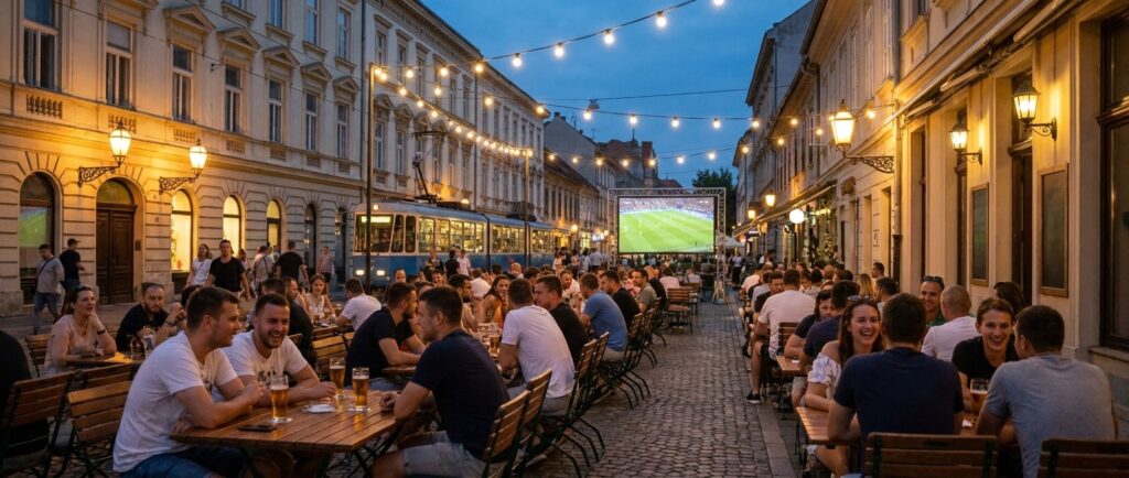 Zagreb old-town street terrace in the evening with golden lagers and an outdoor football screen