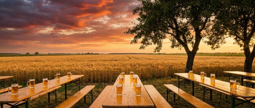 Beer garden with golden lagers on the Podravina plains at sunset near Koprivnica