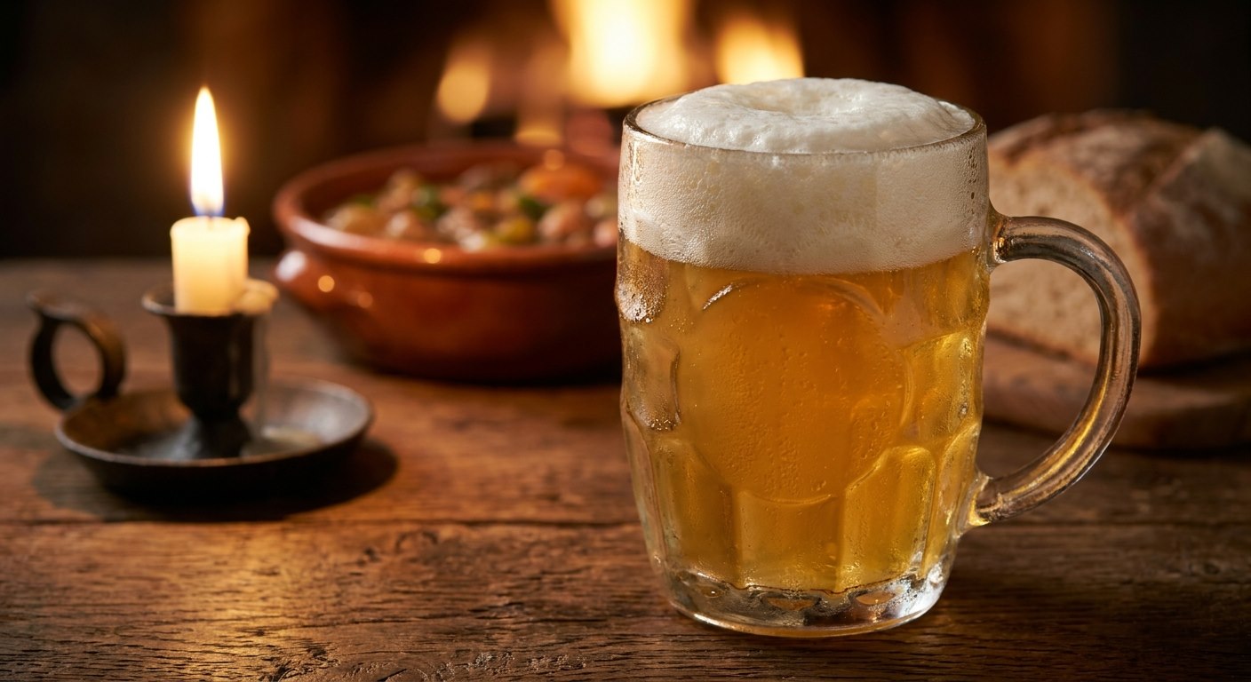 Mug of Osjecko pale lager on a rustic tavern table