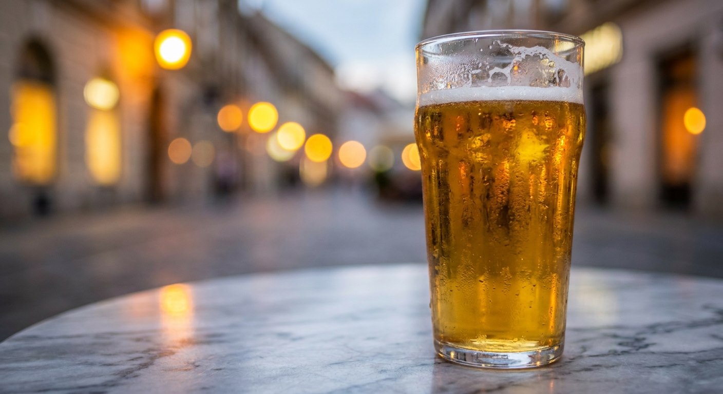Ozujsko golden lager in a pint glass on a Zagreb cafe table