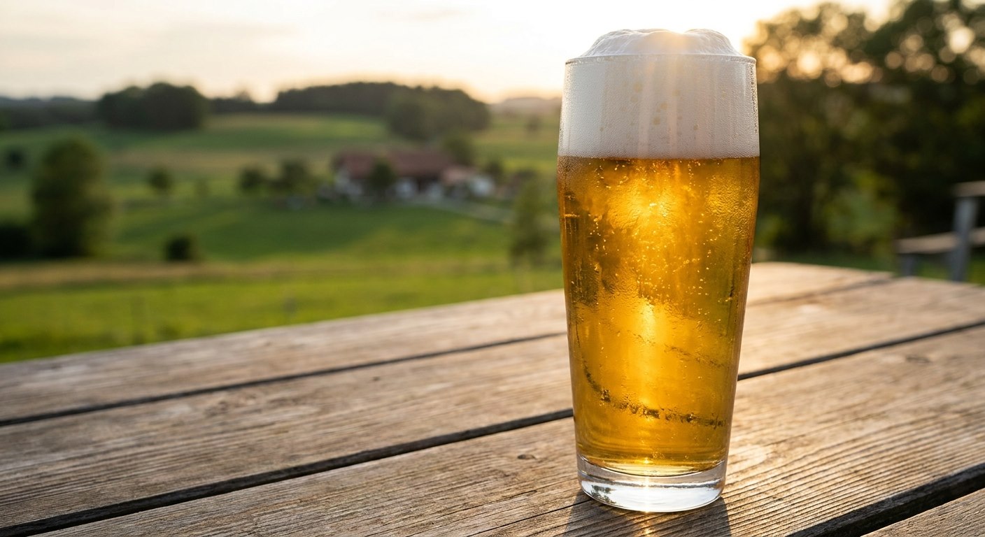 Tall glass of Pan Zlatni golden lager in late-afternoon sun